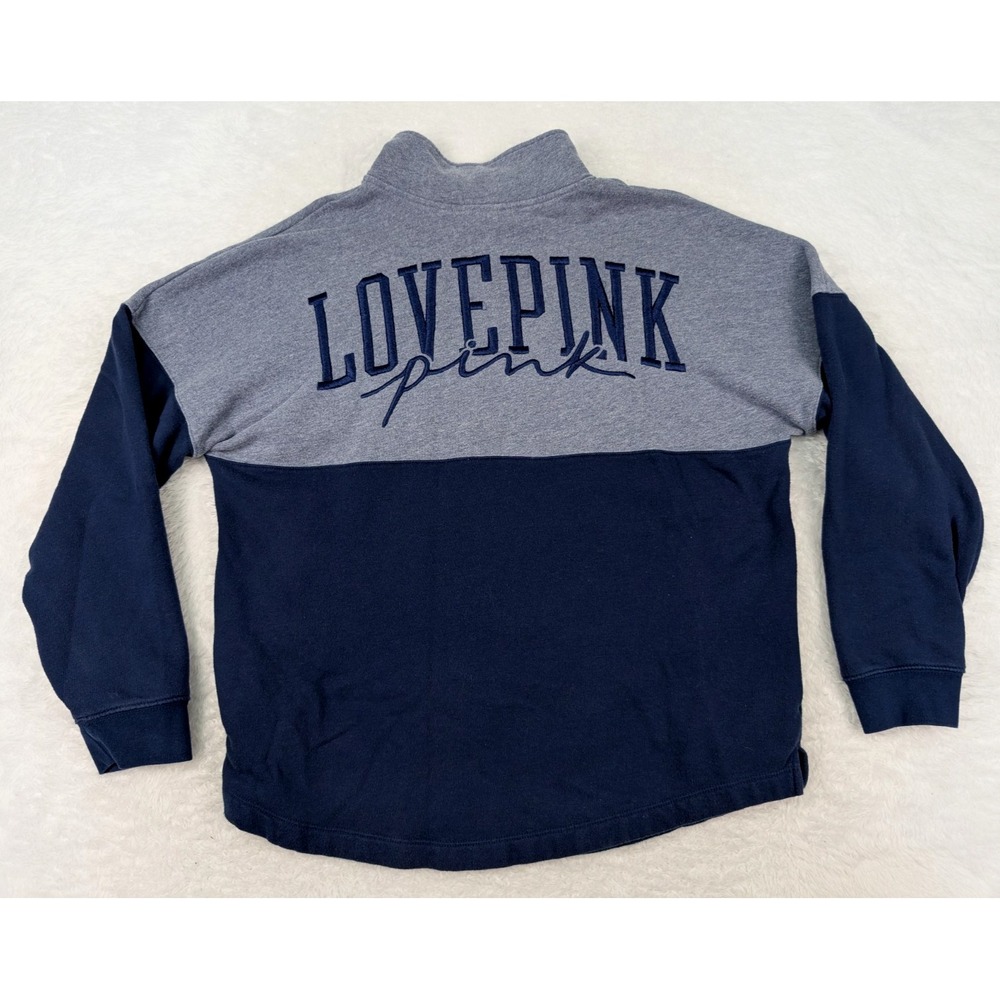 Victoria's Secret PINK Hoodie Size M Embroidered "Love Pink" 1/2 Zip Blue/Gray